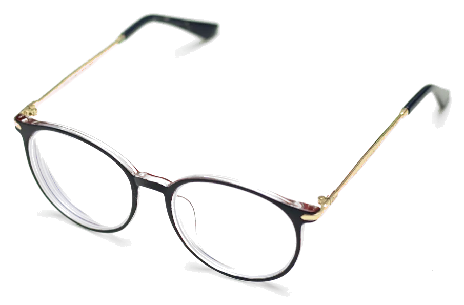 Runde Brille mit dunkler Fassung und goldenen Bügeln