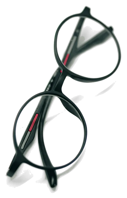 Schwarze runde Brille mit klaren Gläsern, zusammengeklappt