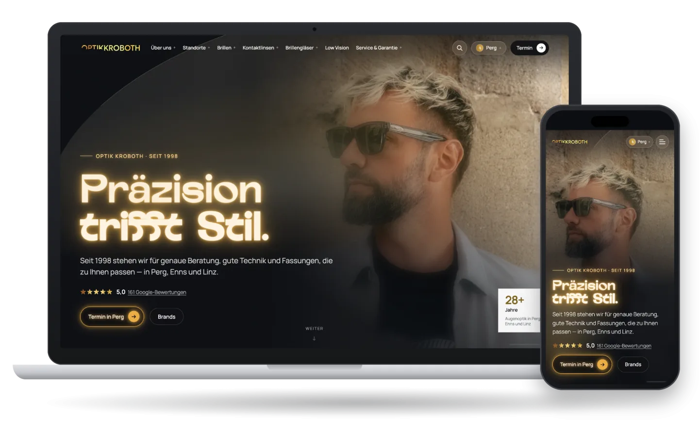 Die Website von Optik Kroboth auf einem Laptop und einem Smartphone