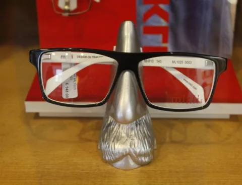Eine Fassung auf einem Brillenhalter in Nasenform.