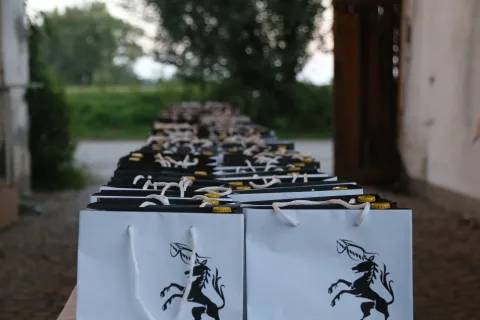 Eine Reihe vorbereiteter Tüten mit Wappen auf einem Tisch