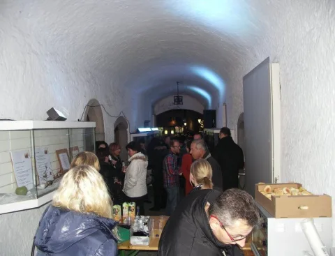Besucher an Vitrinen in einem blau beleuchteten Gewölbe