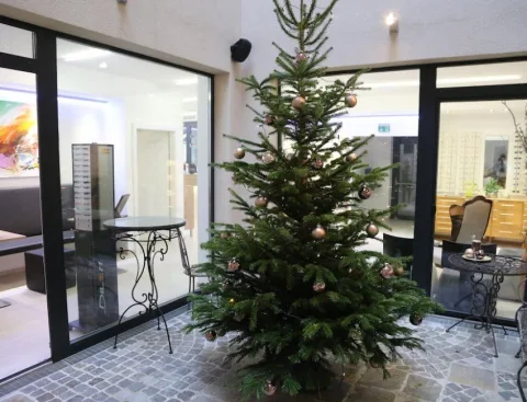 Ein geschmückter Christbaum im Eingangsbereich