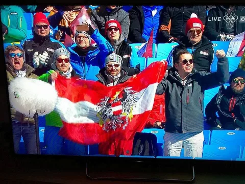 Jubelnde Fans mit einer großen Österreichfahne auf einer Tribüne