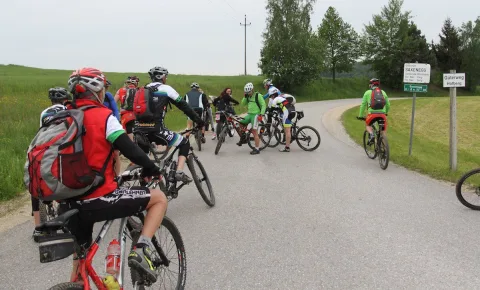 Radfahrer fahren auf einer Landstraße einen Hügel hinauf