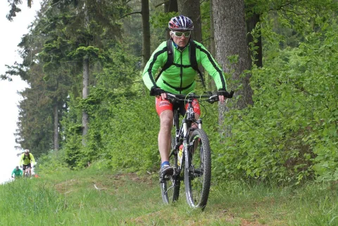Ein Mountainbiker in grünem Trikot fährt einen grasbewachsenen Hang im Wald hinauf