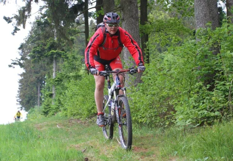 Ein Mountainbiker in rotem Trikot kämpft sich den Waldweg hinauf