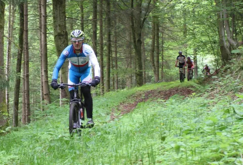 Ein Radfahrer in blau-weißem Trikot fährt bergauf, im Hintergrund weitere Teilnehmer