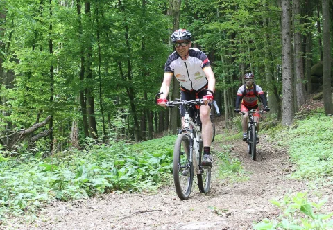 Ein Mountainbiker in weißem Trikot fährt einen Schotterweg im Wald hinauf