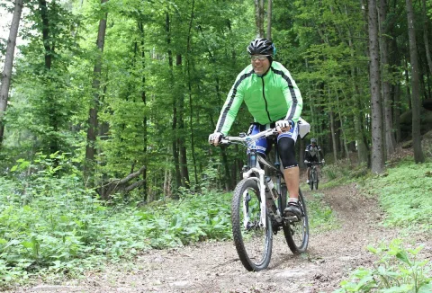 Ein Radfahrer in grünem Trikot fährt einen Waldweg entlang
