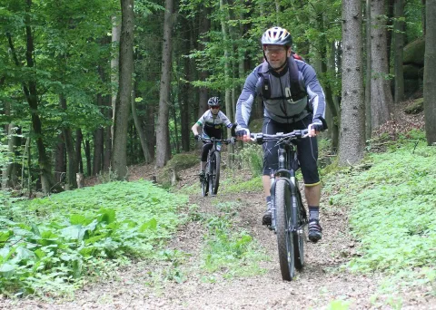 Ein Mountainbiker mit Rucksack fährt durch den Wald