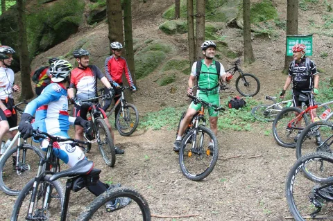 Mehrere Radfahrer stehen und fahren an einem Punkt im Wald durcheinander