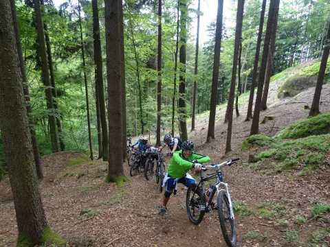 Radfahrer machen an einer Felswand im Wald Pause